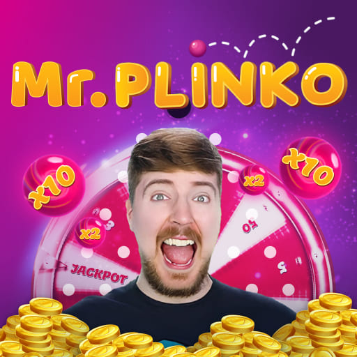 A bright game-themed design with the title 'Mr. Plinko' in bold yellow letters surrounded by pink balls, multipliers (e.g., x10, x2), and a jackpot wheel in the background. Gold coins are stacked at the bottom.